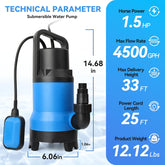 1.5HP Handy Utility Pump Submersible Water Pump 4500GPH High Flow to Remove Clean/Dirty Water for Swimming Pool Pond Hot Tub Flooded House Rain Barrel with 25ft Long Power Cord